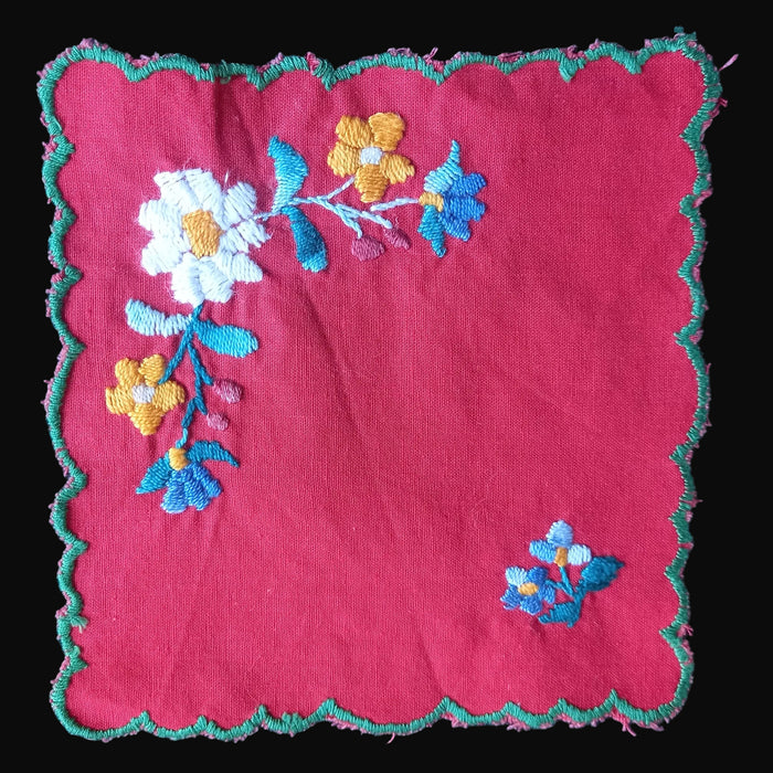 Vintage Hungarian Kalocsa Doily Set of 3 Red Floral Linen Cocktail Napkins 1970s