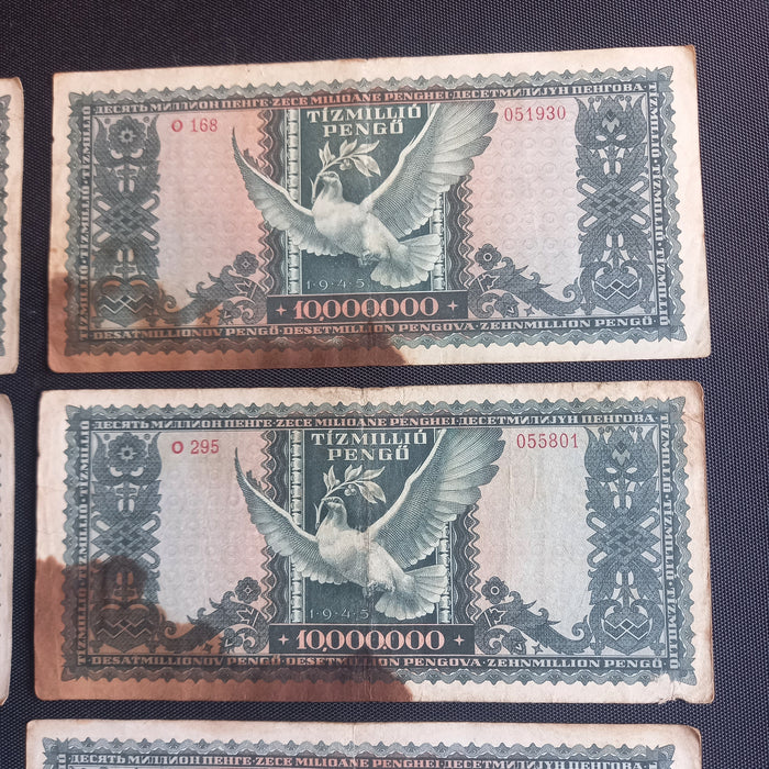 Vintage Banknote 1945 Hungary 10,000,000 Tízmillió Pengő 8-Note WWII Survivor Set