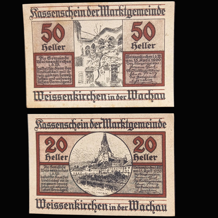 Two vintage banknotes from Weissenkirchen in der Wachau with text and images of buildings.
