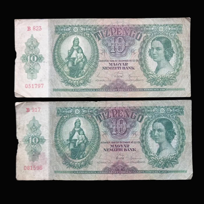 Vintage Banknote 1936 Hungary Tíz 10 Pengő Magyar Nemzeti Bank Old Money Matching Pair