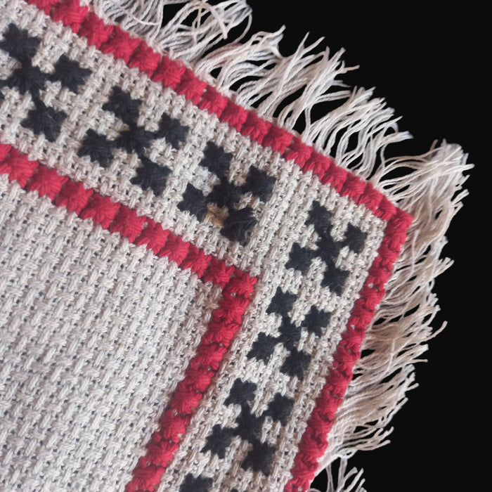 Vintage Hungarian Folk Art Table Runner Red Heart Cross-Stitch Table Runner 1950-60s