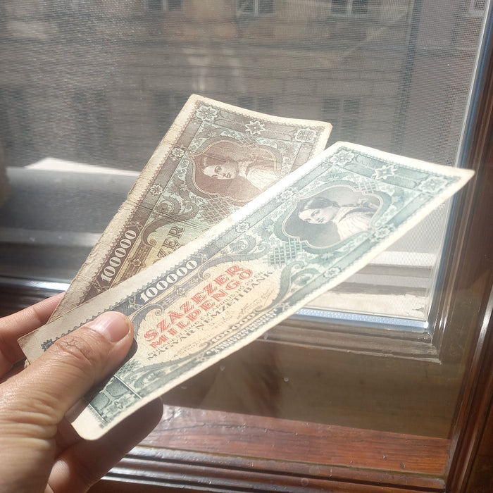 Vintage Banknote 1945-1946 Hungary 100k Pengő & 100 Billion Százezer Milpengő Hyperinflation