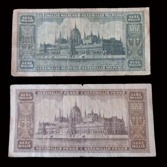 Vintage Banknote 1946 Hungary Százmillió Pengő & Milpengő 100 Trillion Hyperinflation Bills