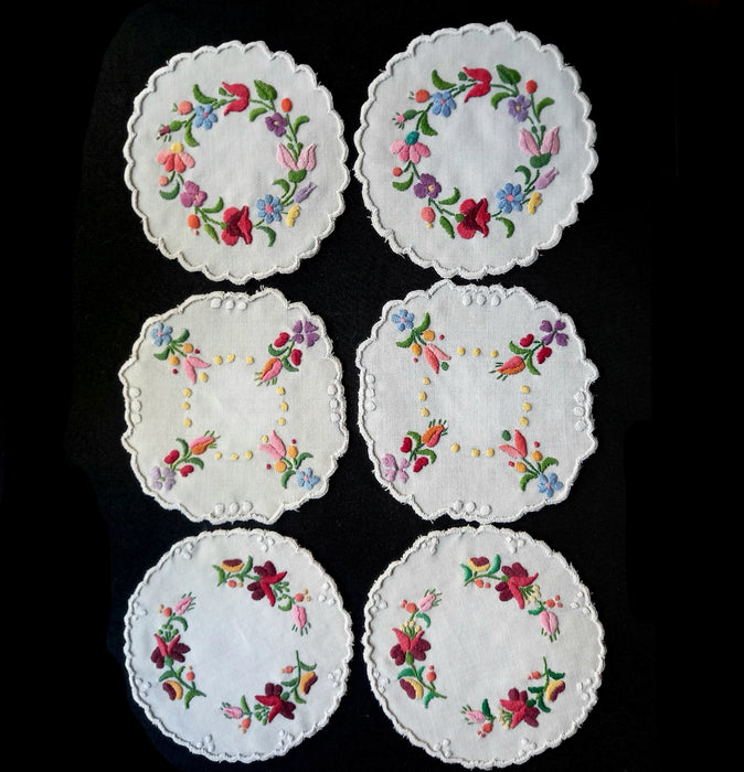 Vintage Hungarian Kalocsa Doily Set 6 Handmade Floral Cottage Table Decor 1970-80s