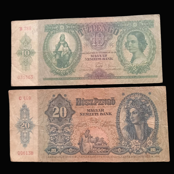 Vintage Banknote 1936-1941 Hungary Pengő Set 10 20 Tíz Húsz Collectible Paper Money Europe
