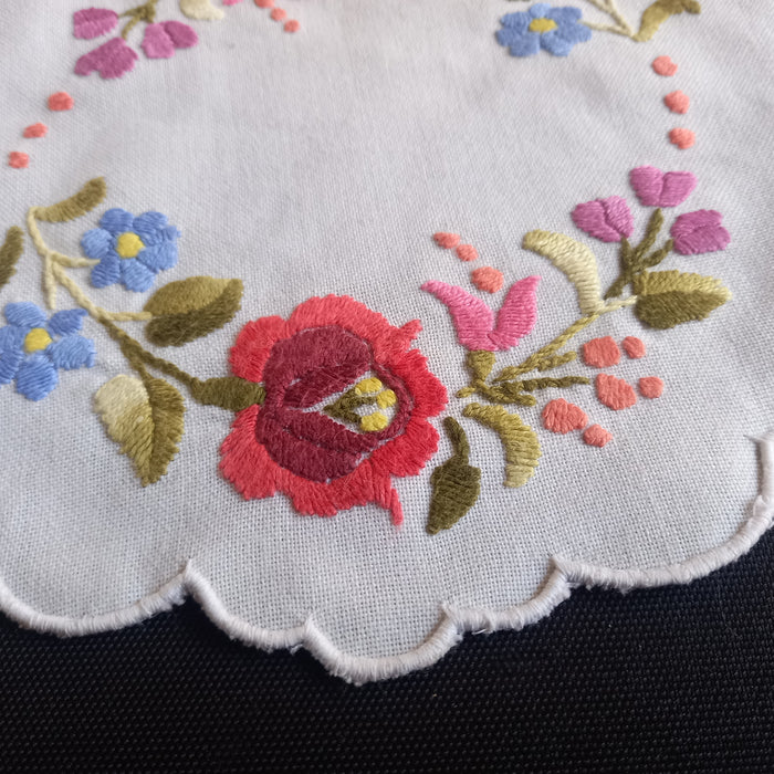 Vintage Hungarian Kalocsa Doily Hand-Embroidered Floral Wreath Folk Art 1960s