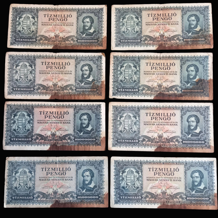 Vintage Banknote 1945 Hungary 10,000,000 Tízmillió Pengő 8-Note WWII Survivor Set