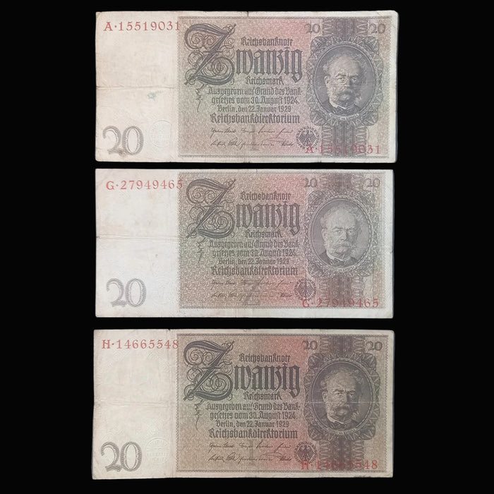 Antique Banknote 1929 Germany 20 Reichsmark Pre-WWII Historical 3pc Set Money Europe