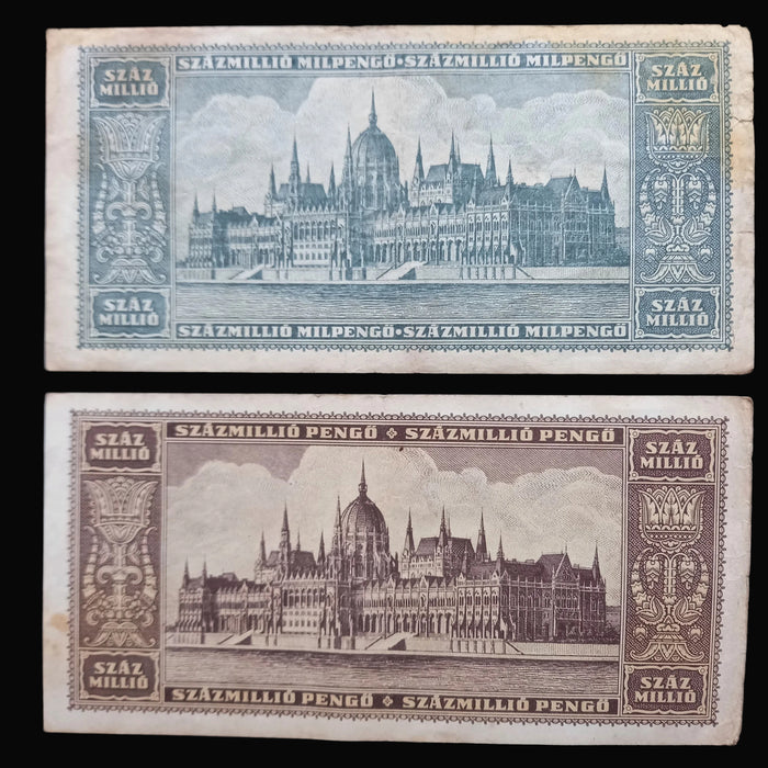 Vintage Banknote 1945-46 Hungary Pengő Milpengő 4pc Set 100 Trillion WWII Hyperinflation Money
