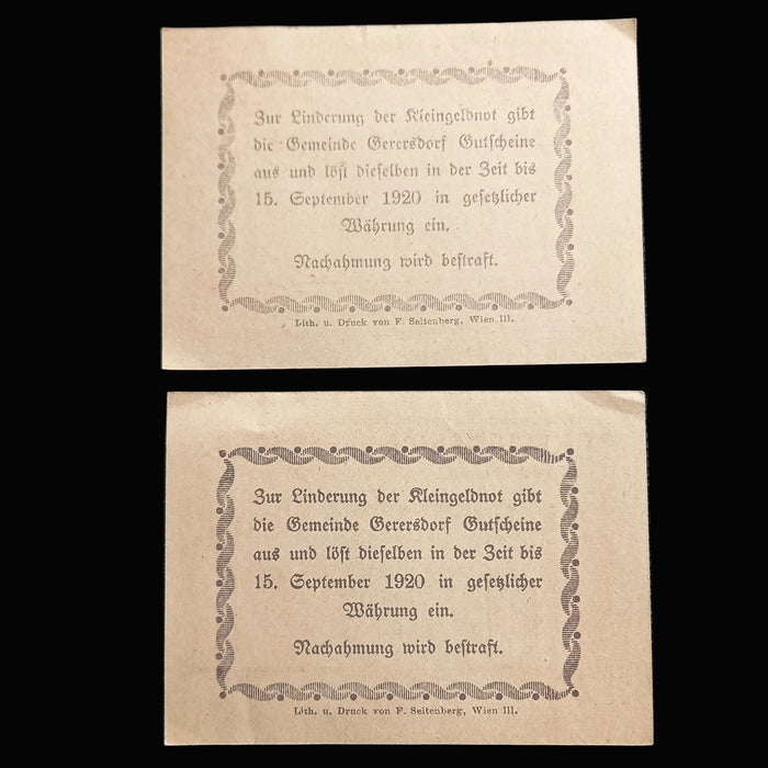 Antique Banknote 1920 Austria Gerersdorf 10 & 20 Heller Emergency Notgeld Set WWI