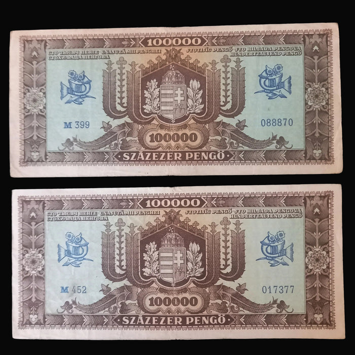 Vintage Banknote 1945 Hungary 100K Százezer Pengő Pair Matching M-Series Lucky 888 Triplet Serial
