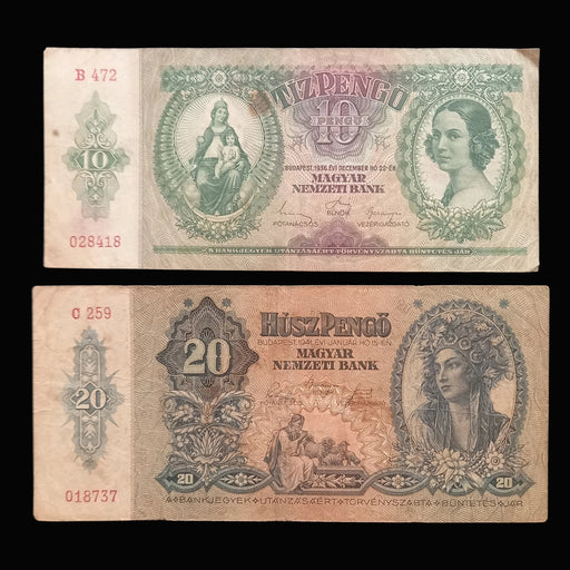 Two vintage Hungarian 10 and 20 pengo banknotes from the Magyar Nemzeti Bank are displayed flat against a dark background, showing both the front and back designs.