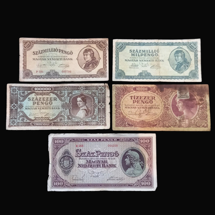 Vintage Banknote 1945-46 Hungary Pengő Milpengő 5pc Set 100 Trillion Hyperinflation Progression