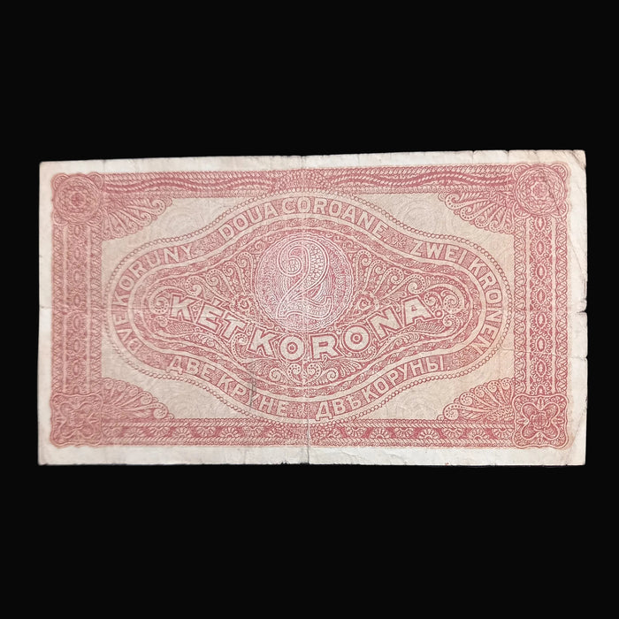 A vintage hungarian 2 Korona banknote with red printed text and ornate border details on aged off-white paper, displayed flat against a dark navy background.