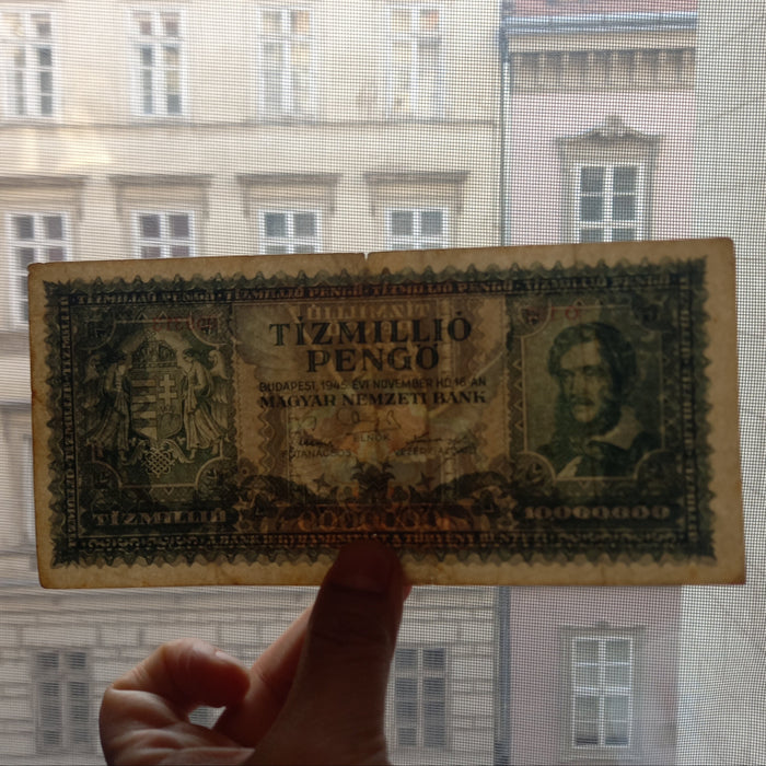 1945 Hungary Banknote 10 Million Pengő Dove Wings Fractured Peace WWII Era Money