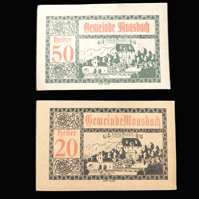 Two vintage banknotes from Gemeinde Moosbach with scenic illustrations on a black background.
