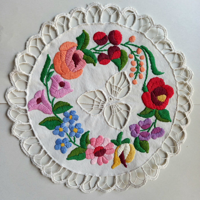 Vintage Hungarian Kalocsa Floral Doily Hand Embroided Richelieu Art 1970s