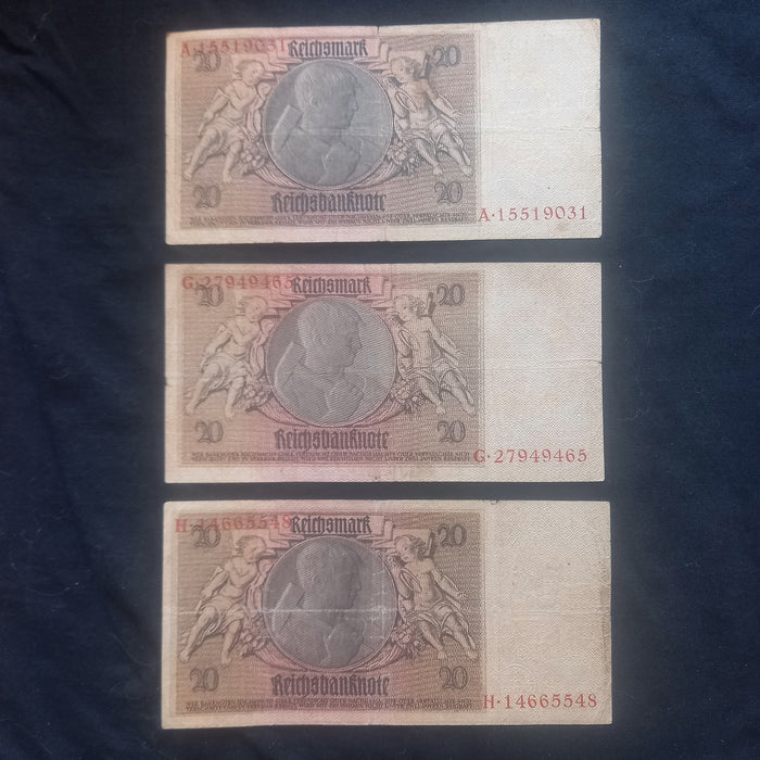 Antique Banknote 1929 Germany 20 Reichsmark Pre-WWII Historical 3pc Set Money Europe
