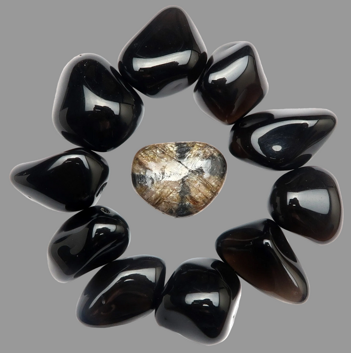 Tumbled Stone Set Root Chakra Black Obsidian Chiastolite