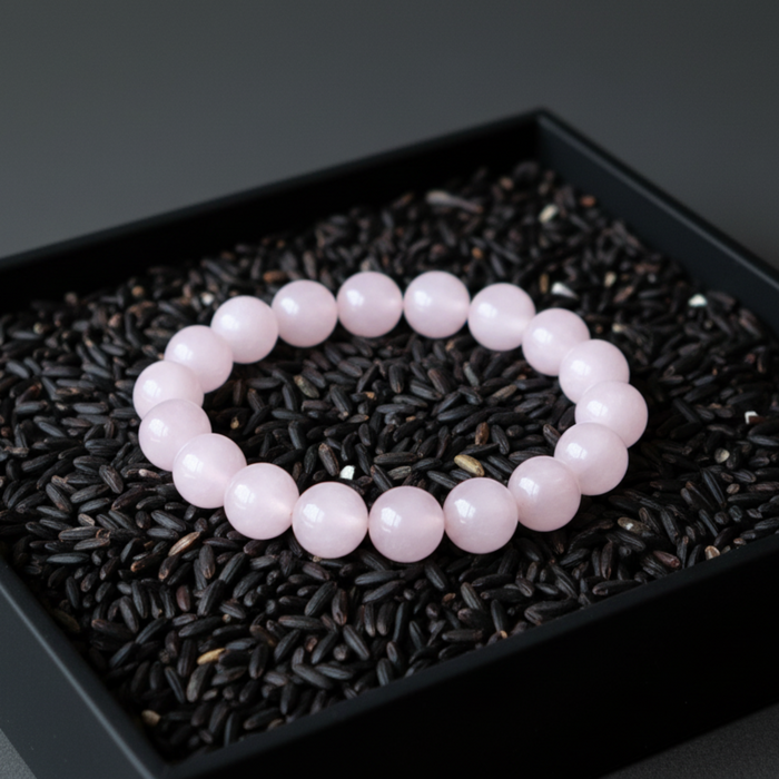 Pink beaded bracelet on a bed of black rice in a dark container