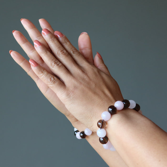 rose quartz and smoky quartz beaded bracelets
