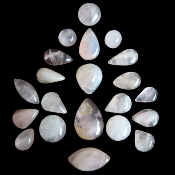 Rose Quartz Cabochon Bundle of 21 Pear Round Marquise Pink Grid Stones