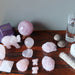 rose quartz crystals, sage, moqui marbles, water