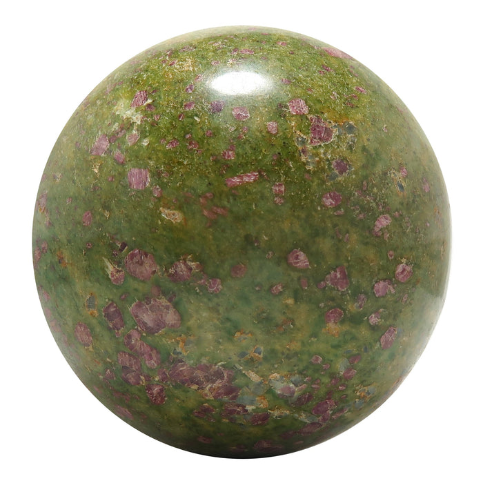 Green and purple ruby fuchsite sphere on a white background