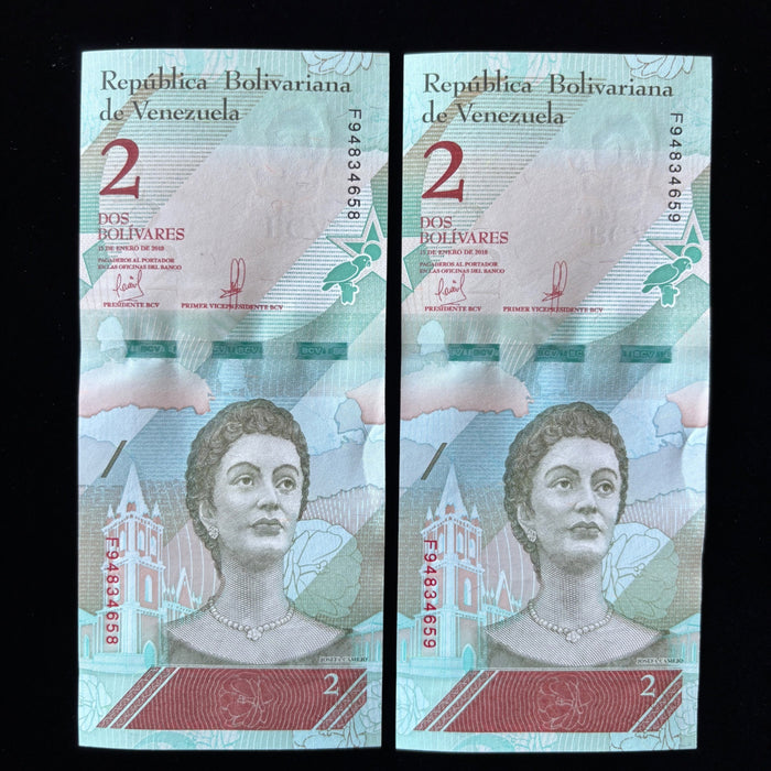 Consecutive Banknote Lot Venezuela 2 Bolivares Pair Josefa Camejo UV Verified