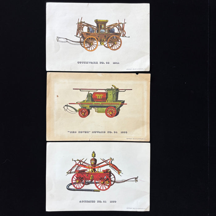 Vintage Art Print Lot Antique Fire Engine Set of 3 Americana Horse Firetrucks