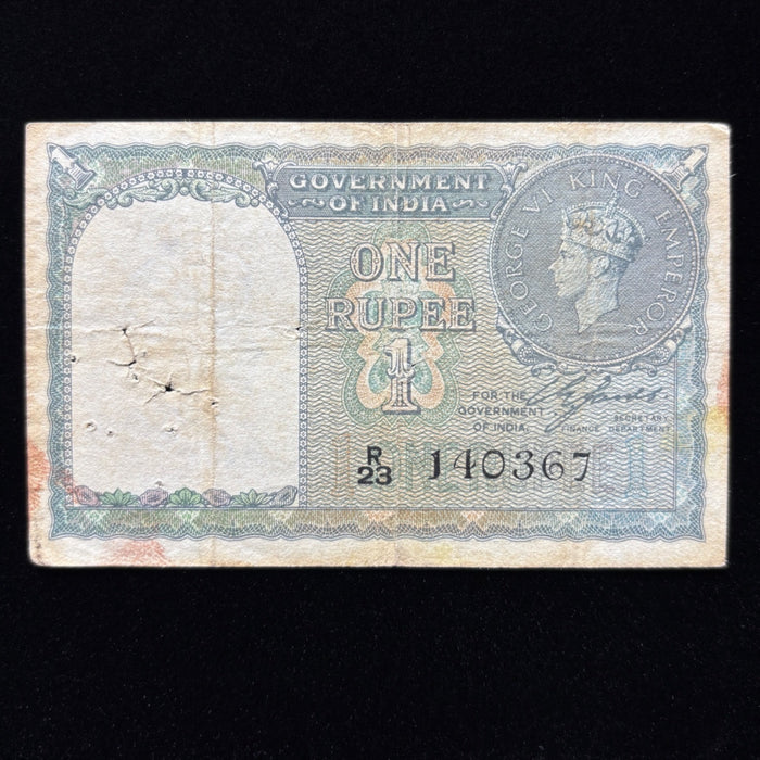 Vintage Banknote 1940 India 1 Rupee King George VI British Empire Watermark