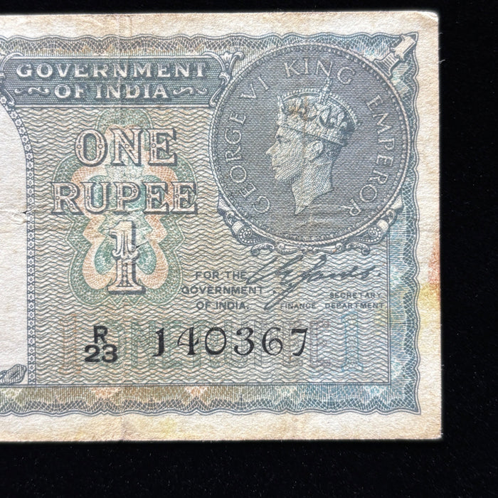 Vintage Banknote 1940 India 1 Rupee King George VI British Empire Watermark