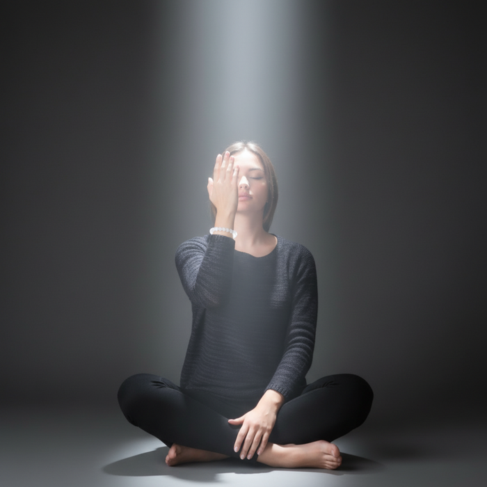 Person sitting in a meditative pose wearing selenite bracelet with a spotlight on them against a dark background