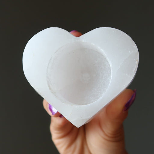 white selenite heart shaped tea light holder