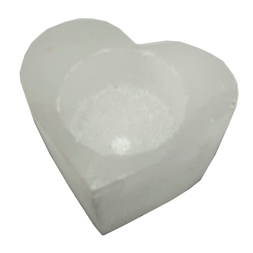 white selenite heart shaped tea light holder