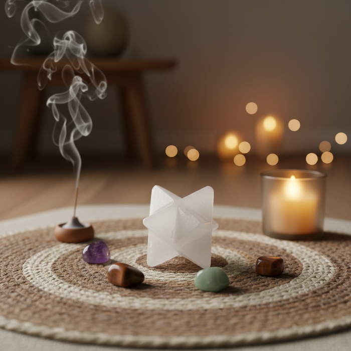 Selenite Merkaba White Satin Spar Carved Star Crystal