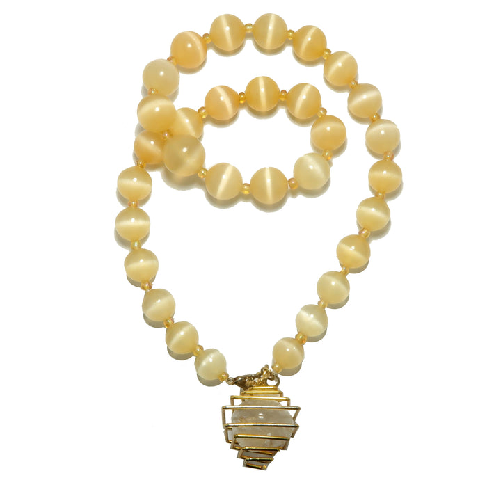 Selenite Necklace Warm Orange Beads with Caged Quartz
