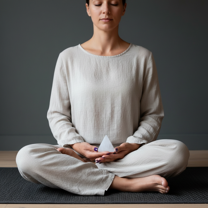 Selenite Pyramid White Moonbeams Crystal