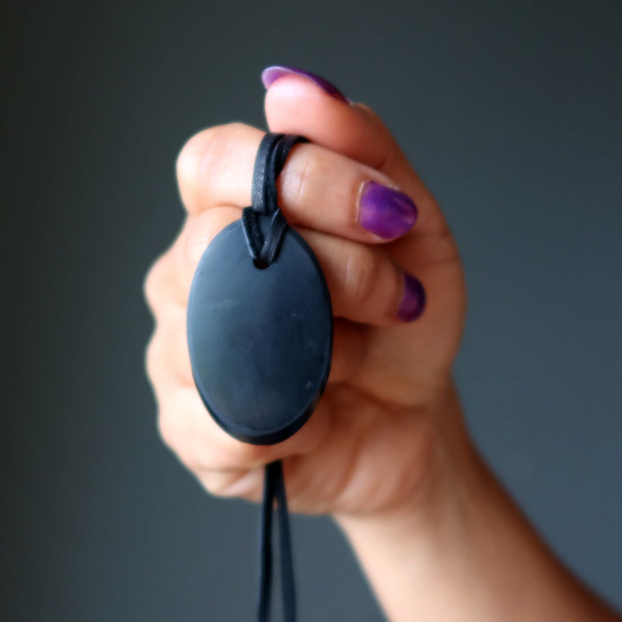 shungite oval pendant on leather cord