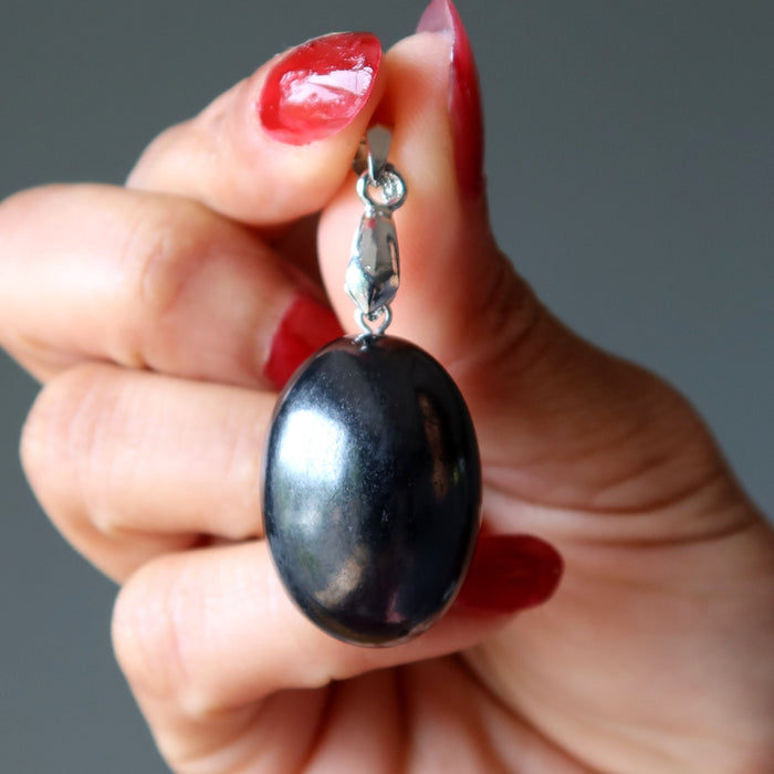 Shungite Pendant Egg EMF Protection Stone Silver