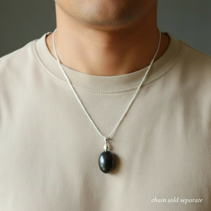 Shungite Pendant Egg EMF Protection Stone Silver