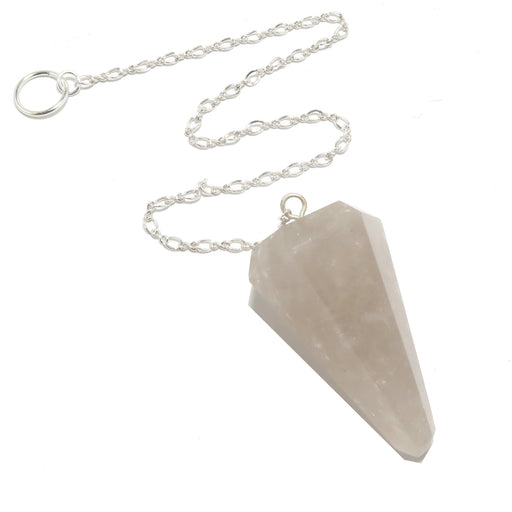 smoky Crystal pendulum on a silver chain against a white background