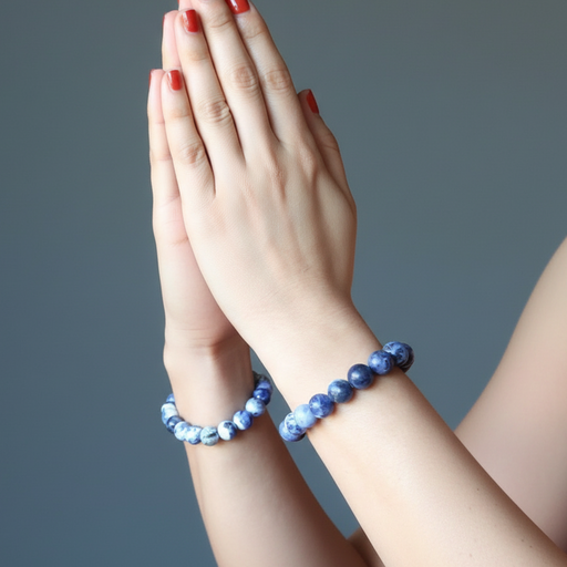 hands in prayer wearing blue sodalite bracelets