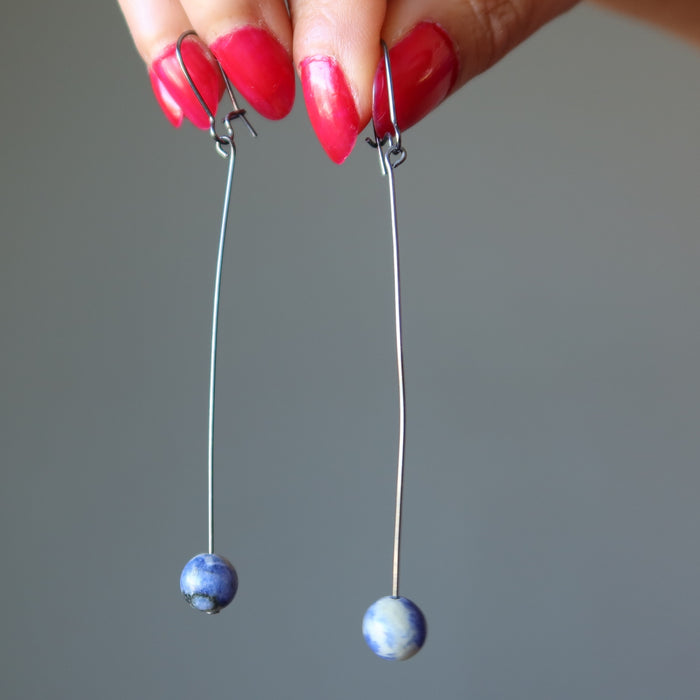 Sodalite Earrings Strong Mind Blue Orb Long Gunmetal Dangle