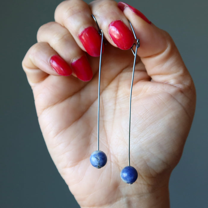 Sodalite Earrings Strong Mind Blue Orb Long Gunmetal Dangle