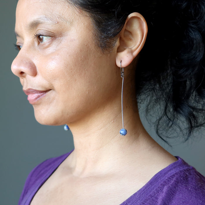 Sodalite Earrings Strong Mind Blue Orb Long Gunmetal Dangle