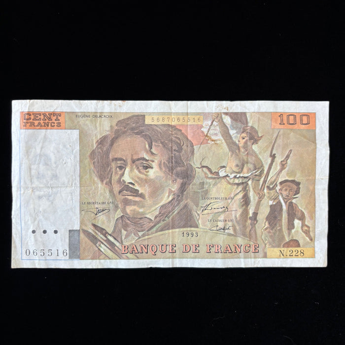 Vintage Banknote 1993 France 100 Francs Delacroix Lady Liberty Pistol Watermark