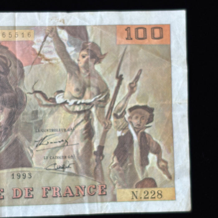 Vintage Banknote 1993 France 100 Francs Delacroix Lady Liberty