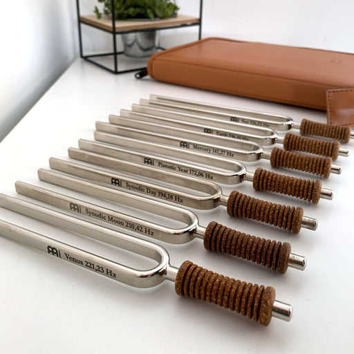 Set of tuning forks with brown handles on a white surface, with a plant and book in the background.