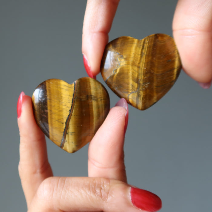 Tigers Eye Heart Set Brave Lover Brown Crystal Pair